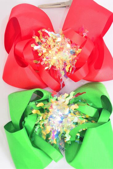 Hair Bow Jumbo Iridescent Grosgrain Bow-tie/ 12 pcs Bow = Dozen  Christmas , Alligator Clip , Size - 6" x 5" Wide , 6 of each Pattern Asst , Clip Strip & UPC Code