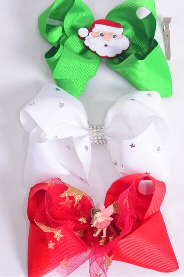 Hair Bow Jumbo Christmas Fairy Santa Star Mix Charm Grosgrain Bow-tie / 12 pcs = Dozen Christmas , Alligator Clip , Size - 6" x 5" Wide , 4 of each Pattern Asst , Clip Strip & UPC Code