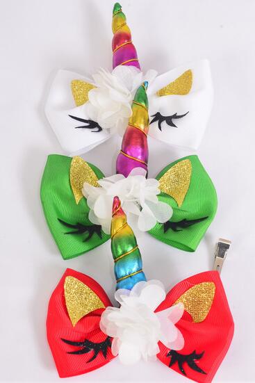 Hair Bow Jumbo Unicorn Center Chiffon Flower Grosgrain Bow-tie / 12 pcs Bow = Dozen Unicorn , Alligator Clip , Bow - 6" x 5" Wide , 4 Red , White , 4 Green Color Asst , Clip Strip & UPC Code