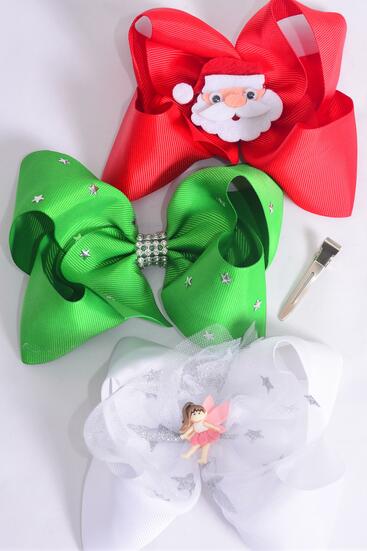 Hair Bow Jumbo Christmas Fairy Santa Star Mix Charm Grosgrain Bow-tie / 12 pcs = Dozen Christmas , Size - 6" x 5", Alligator Clip, 4 Of each Pattern Asst , Clip Strip & UPC Code