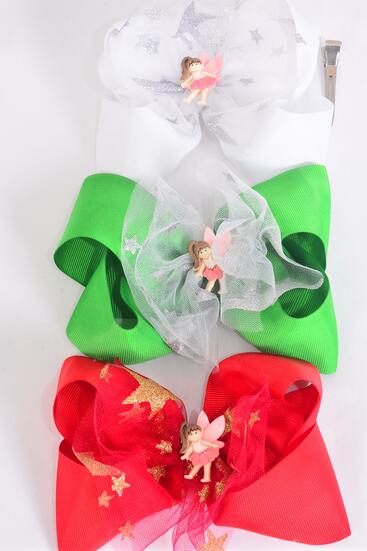 Hair Bow Jumbo Center Fairy Charm Grosgrain Bow-tie / 12 pcs Bow = Dozen Fairy , Alligator Clip , Bow - 6" x 5" Wide , 4 Red , White , 4 Green Color Asst , Clip Strip & UPC Code
