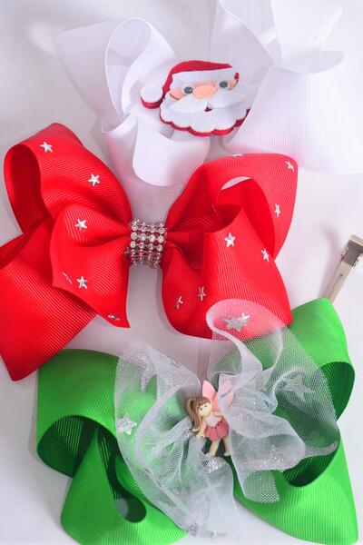 Hair Bow Jumbo Christmas Fairy Santa Star Mix Charm Grosgrain Bow-tie / 12 pcs = Dozen Alligator Clip , Size - 6" x 5" Wide , 4 of each Pattern Asst , Clip Strip & UPC Code