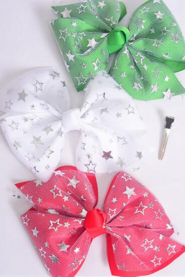 Hair Bow Jumbo Christmas Double Layered Metallic Stars Grosgrain Bowtie Red White Green Mix / 12 pcs Bow = Dozen  Christmas , Alligator Clip , Size - 6" x 5" Wide , 4 of each Pattern Asst , Clip Strip & UPC Code