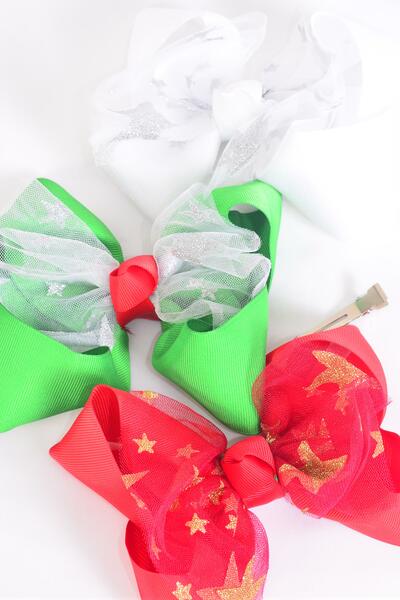 Hair Bow Jumbo Mesh Metallic Stars Red White Green color Mix Grosgrain Bow-tie / 12 pcs Bow = Dozen Alligator Clip , Size - 6" x 5" Wide , 4 of Pattern Color Asst , Clip Strip & UPC Code