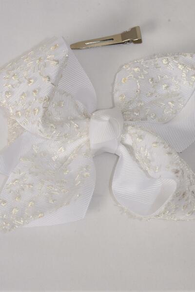 Hair Bow Jumbo Double Layered Embroidery Lace Grosgrain Bow-tie White / 12 pcs Bow = Dozen White , Alligator Clip , Bow - 6" x 5" Wide , Clip Strip & UPC Code
