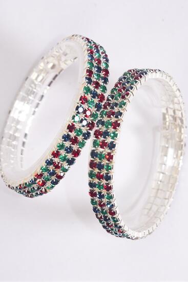 Bracelet 3 Line Tennis Rhinestones Stretch / 12 pcs = Dozen Multi , Stretch , Display Card & OPP bag