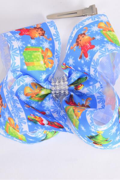 Hair Bow Jumbo Snowflake Winter Wonderland Theme Mix Grosgrain Bow-tie / 12 pcs Bow = Dozen Christmas , Alligator Clip , Size - 6" x 5" Wide , Clip Strip & UPC Code
