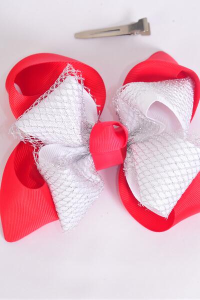 Hair Bow Jumbo Double Layered Silver Mesh Grosgrain Bow-tie Red White Mix / 12 pcs Bow = Dozen Christmas , Alligator Clip , Size - 6" x 5 " Wide , Clip Strip & UPC Code
