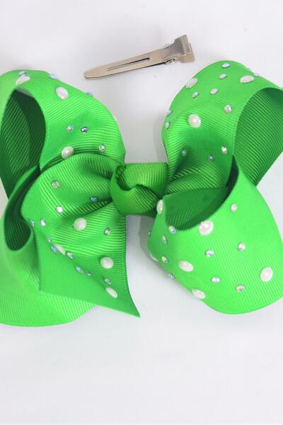 Hair Bow Jumbo Iridescent Pearl Studded Grosgrain Bow-tie Green / 12 pcs Bow = Dozen Green , Alligator Clip , Size - 6" x 5" Wide , Clip Strip & UPC Code