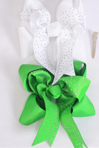 Hair Bow Jumbo Double Layered Studded Iridescent Stones Green White Mix Grosgrain Bow-tie / 12 pcs Bow = Dozen Alligator Clip , Size - 6" x 5" Wide , 6 Green , 6 White Color Asst , Clip Strip & UPC Code