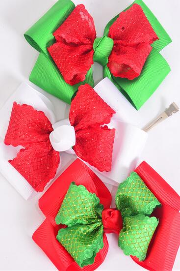 Hair Bow Jumbo Double Layered Mesh Bowtie Red White Green Mix Grosgrain Bow-tie / 12 pcs Bow = Dozen Christmas , Alligator Clip , Size - 6" x 5" Wide , 4 of each Pattern Asst , Clip Strip & UPC Code