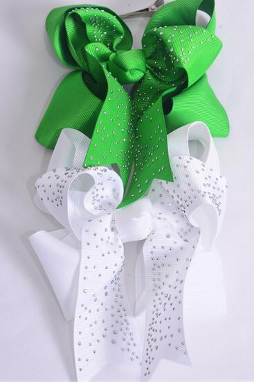 Hair Bow Jumbo Double Layered Studded Iridescent Stones Green White Mix Grosgrain Bow-tie / 12 pcs Bow = Dozen Alligator Clip , Size - 6" x 5" Wide , 6 Green , 6 White Color Asst , Clip Strip & UPC Code