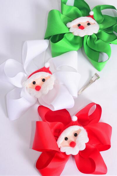 Hair Bow Jumbo Christmas Cute Santa Charm Grosgrain Bow-tie / 12 pcs Bow = Dozen Santa , Alligator Clip , Size - 6" x 5" Wide , 4 of each Color Asst , Clip Strip & UPC Code