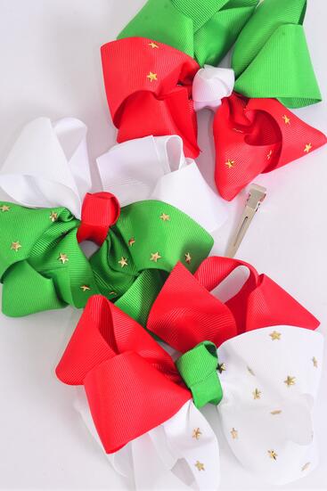 Hair Bow Jumbo Christmas Gold Star Studded Grosgrain Bow-tie / 12 pcs Bow = Dozen Christmas , Alligator Clip , Size - 6" x 5" Wide , 4 of each Pattern Asst , Clip Strip & UPC Code