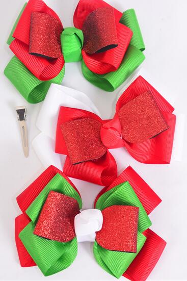 Hair Bow Jumbo Triple Layered Metallic Bow Grosgrain Bow-tie / 12 pcs Bow = Dozen  Christmas , Alligator Clip , Size - 6" x 5" Wide , 4 of each Pattern Asst , Clip Strip & UPC Code