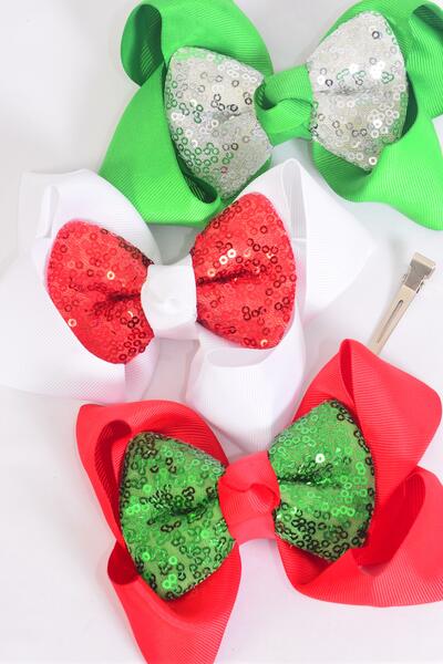 Hair Bow Jumbo Christmas Sequin Bow tie Red White Green Mix Grosgrain Bow-tie / 12 pcs Bow = Dozen  Alligator Clip , Size - 6" x 5" Wide , 4 of each Color Asst , Clip Strip & UPC Code