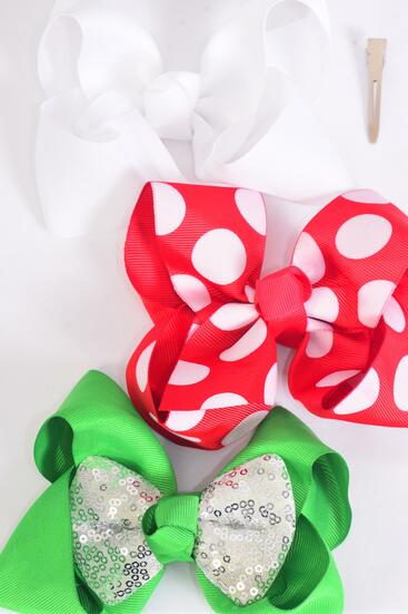 Hair Bow Jumbo Christmas Bow-tie Red White Green Mix Grosgrain Bow-tie / 12 pcs Bow = Dozen Alligator Clip , Size - 6" x 5" Wide , 4 of each Pattern Asst , Clip Strip & UPC Code