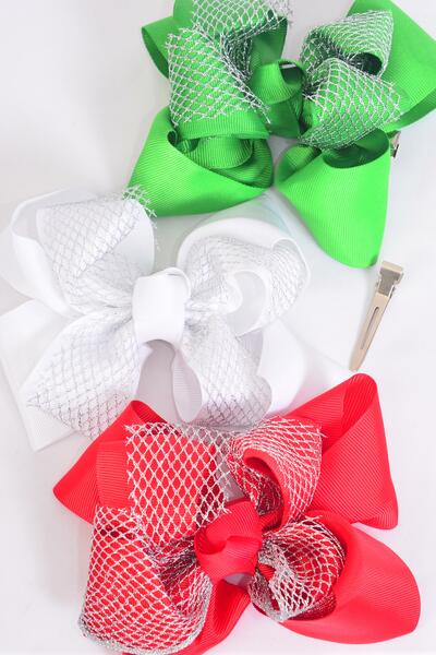 Hair Bow Jumbo Christmas Double Layered Silver Mesh Grosgrain Bow-tie Red White Green Mix / 12 pcs Bow = Dozen Christmas , Alligator Clip , Size - 6" x 5 " Wide , 4 of each Pattern Asst , Clip Strip & UPC Code