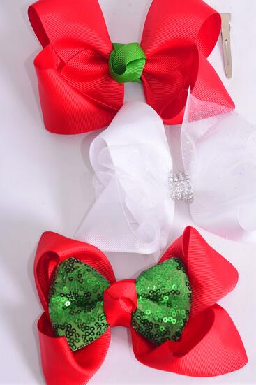 Hair Bow Jumbo Sequin Bow tie Red White Green Mix Grosgrain Bow-tie / 12 pcs Bow = Dozen Christmas , Alligator Clip , Size - 6" x 5" Wide , 4 of each Pattern Asst , Clip Strip & UPC Code.