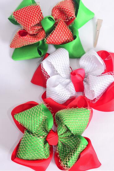 Hair Bow Jumbo Christmas Double Layered Bow Gold Mesh Grosgrain Bow-tie Red White Green Mix / 12 pcs Bow = Dozen Alligator Clip , Size - 6" x 5" Wide , 4 Of Each Pattern Asst , Clip Strip & UPC Code