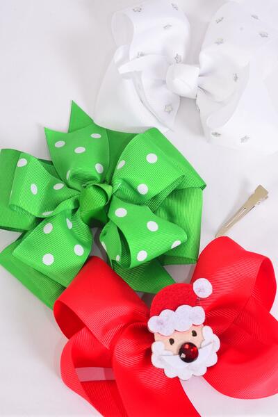 Hair Bow Jumbo Christmas Theme Bow Mix Grosgrain Bow-tie / 12 pcs Bow = Dozen Christmas , Alligator Clip , Size - 6" x 5" Wide , 4 of each Pattern Asst , Clip Strip & UPC Code.