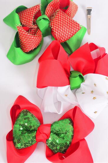 Hair Bow Jumbo Christmas Splendid Christmas Grosgrain Bow-tie / 12 pcs Bow = Dozen  Alligator Clip , Bow Size - 6" x 5" , 4 of each Pattern Asst , Clip Strip & UPC Code