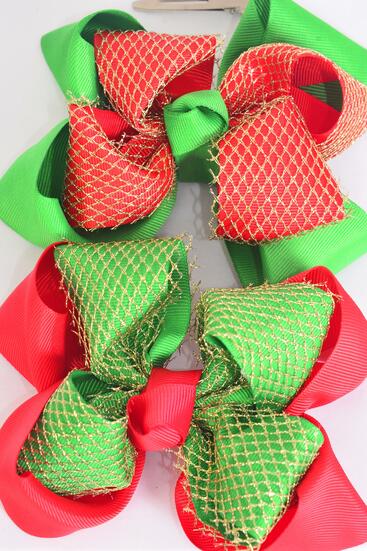 Hair Bow Jumbo Christmas Double Layered Bow Gold Mesh Grosgrain Bow-tie Red Green Mix / 12 pcs Bow = Dozen Alligator Clip , Size - 6" x 5" Wide , 6 Of Each Pattern Asst , Clip Strip & UPC Code