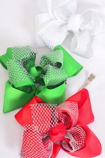 Hair Bow Jumbo Christmas Double Layered Silver Mesh Grosgrain Bow-tie Red White Green Mix / 12 pcs Bow = Dozen Christmas , Alligator Clip , Size - 6" x 5 " Wide , 4 of each Pattern Asst , Clip Strip & UPC Code
