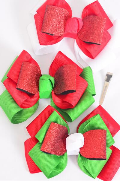 Hair Bow Jumbo Triple Layered Metallic Bow Grosgrain Bow-tie / 12 pcs Bow = Dozen  Christmas , Alligator Clip , Size - 6" x 5" Wide , 4 of each Pattern Asst , Clip Strip & UPC Code