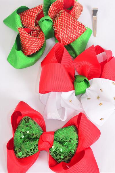 Hair Bow Jumbo Christmas Splendid Christmas Grosgrain Bow-tie / 12 pcs Bow = Dozen  Alligator Clip , Bow Size - 6" x 5" , 4 of each Pattern Asst , Clip Strip & UPC Code