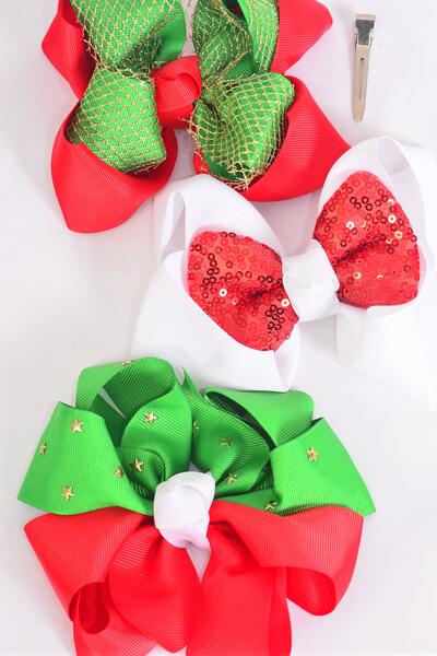 Hair Bow Jumbo Christmas Splendid Christmas Grosgrain Bow-tie / 12 pcs Bow = Dozen  Alligator Clip , Bow Size - 6" x 5" , 4 of each Pattern Asst , Clip Strip & UPC Code