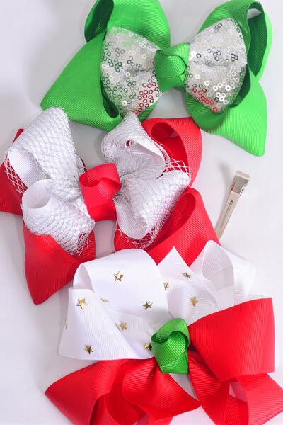 Hair Bow Jumbo Christmas Splendid Christmas Grosgrain Bow-tie / 12 pcs Bow = Dozen Alligator Clip , Bow Size - 6" x 5" Wide , 4 of each Pattern Asst , Clip Strip & UPC Code