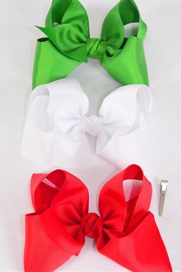 Hair Bow Extra Jumbo Cheer Type Bow Red White Green Mix Grosgrain Bow-tie / 12 pcs Bow = Dozen  Alligator Clip , Size - 8" x 7" Wide , 4 Red , 4 White , 4 Green Color Asst , Clip Strip & UPC Code