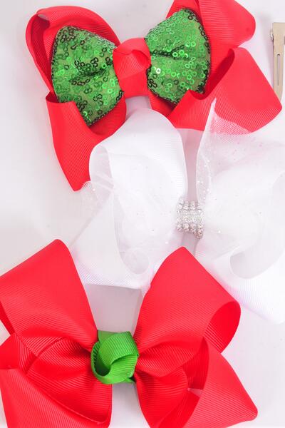 Hair Bow Jumbo Sequin Bow tie Red White Green Mix Grosgrain Bow-tie / 12 pcs Bow = Dozen Christmas , Alligator Clip , Size - 6" x 5" Wide , 4 of each Pattern Asst , Clip Strip & UPC Code.