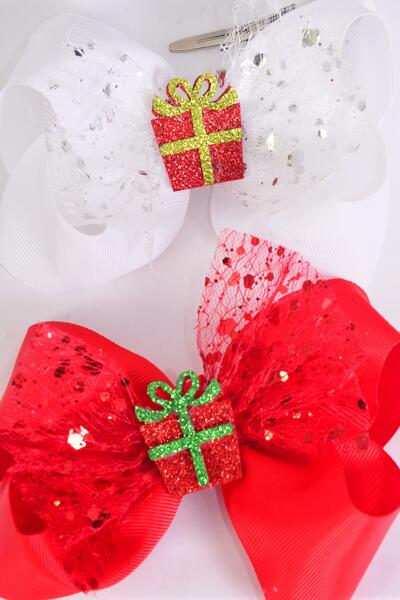 Hair Bow Jumbo Christmas Gift Box Grosgrain Bow-tie / 12 pcs Bow = Dozen Christmas , Size - 6" x 5" Wide , Alligator Clip , 6 of each Color Mix , Clip Strip & UPC Code