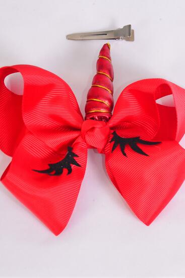 Hair Bow Jumbo Christmas Unicorn Metallic Grosgrain Bow-tie Red / 12 pcs Bow = Dozen Unicorn , Bow Size - 6" x 5" , Alligator Clip , Clip Strip & UPC Code