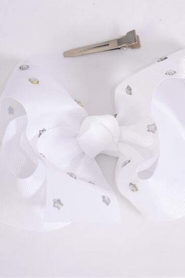 Hair Bow Jumbo Studded Iridescent Stars Grosgrain Bow-tie White / 12 pcs Bow = Dozen White , Alligator Clip, Size - 6"x 5" Wide , Clip Strip & UPC Code