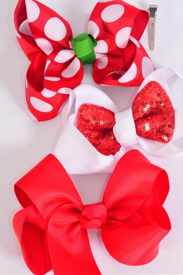 Hair Bow Jumbo Christmas Theme Mix Grosgrain Bow-tie / 12 pcs Bow = Dozen  Alligator Clip , Size - 6" x 5" Wide , 4 of each Pattern Asst , Clip Strip & UPC Code