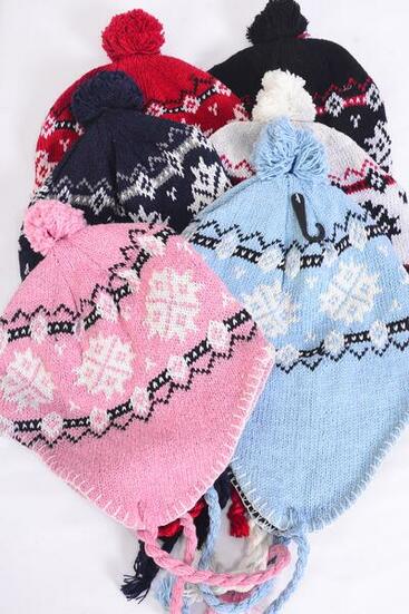 Hat Winter Knit Hat Snowflake Fleece Inside For Kids / 12 pcs = Dozen Colors - 2 Pink  , 2 Blue, 2 Navy , 2 Red , 2 White , 2 Black Color Asst , OPP Bag and UPC Code