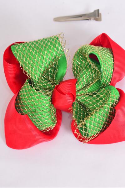 Hair Bow Jumbo Double Layered Gold Mesh Grosgrain Bow-tie Red Green Mix / 12 pcs Bow = Dozen Christmas , Alligator Clip , Size - 6" x 5 " Wide , Clip Strip & UPC Code