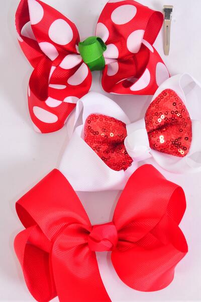 Hair Bow Jumbo Christmas Theme Mix Grosgrain Bow-tie / 12 pcs Bow = Dozen  Alligator Clip , Size - 6" x 5" Wide , 4 of each Pattern Asst , Clip Strip & UPC Code
