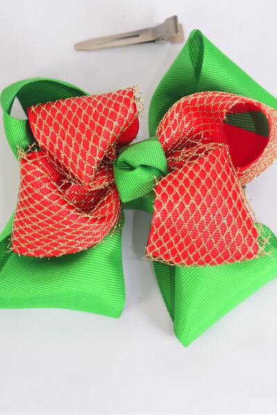 Hair Bow Jumbo Double Layered Gold Mesh Grosgrain Bow-tie Green Red Mix / 12 pcs Bow = Dozen Christmas , Alligator Clip , Size - 6" x 5 " Wide , Clip Strip & UPC Code
