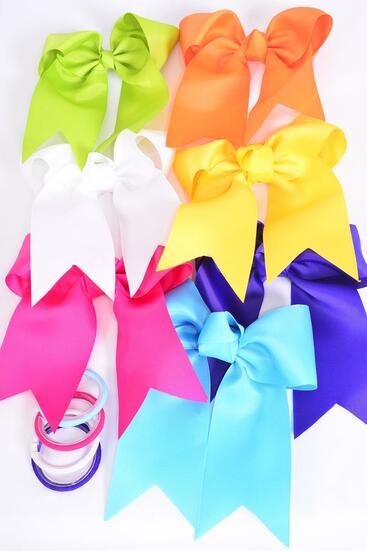Hair Bow Extra Jumbo Long Tail Cheer Type Bow Citrus Elastic Grosgrain Bow-tie / 12 pcs Bow = Dozen Elastic Pony , Size - 6.5" x 6" Wide , 2 Fuchsia , 2 Blue , 2 Yellow , 2 Purple , 2 White ,1 Lime ,1 Orange Color Mix , Clip Strip & UPC Code