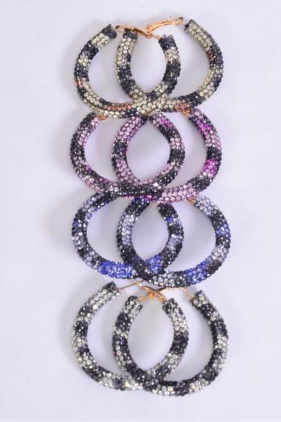 Earrings Hoop Iridescent Stone Leopard Multi / 12 pair = Dozen Post , Size - 1.75" Wide , 3 Of Each Pattern Asst , Earring Card & OPP Bag & UPC Code