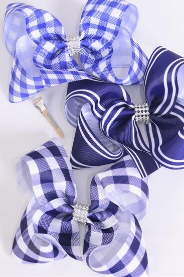 Hair Bow Jumbo Navy Plaid Stripe Mix Grosgrain Bow-tie / 12 pcs Bow = Dozen  Alligator Clip , Size - 6" x 5" Wide , 4 Of each Pattern Asst , Clip Strip and UPC Code
