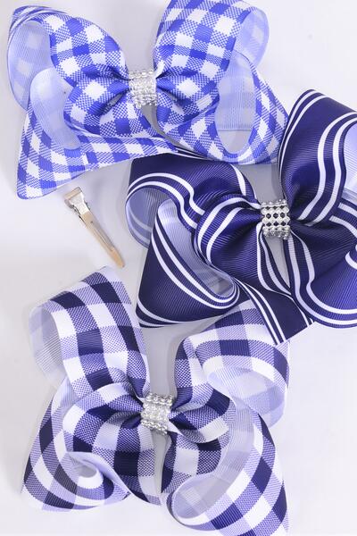 Hair Bow Jumbo Navy Plaid Stripe Mix Grosgrain Bow-tie / 12 pcs Bow = Dozen  Alligator Clip , Size - 6" x 5" Wide , 4 Of each Pattern Asst , Clip Strip and UPC Code