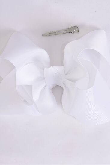 Hair Bow Jumbo White Grosgrain Bow-tie / 12 pcs Bow = Dozen  White ,  Alligator Clip , Size - 6" x 5" Wide , Clip Strip & UPC Code