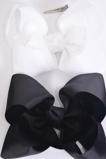Hair Bow Jumbo Black White Color Mix Grosgrain Bow-tie / 12 pcs Bow = Dozen Alligator Clip , Size - 6" x 5" Wide , 6 Black , 6 White Color Mix , Clip Strip & UPC Code