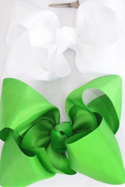Hair Bow Jumbo Kelly green Irish Green White Mix Grosgrain Bow-tie / 12 pcs Bow = Dozen  Alligator Clip , Size - 6" x 5" Wide , 6 of each Color Asst , Clip Strip & UPC Code