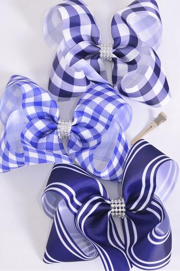 Hair Bow Jumbo Navy Plaid Stripe Mix Grosgrain Bow-tie / 12 pcs Bow = Dozen  Alligator Clip , Size - 6" x 5" Wide , 4 Of each Pattern Asst , Clip Strip and UPC Code